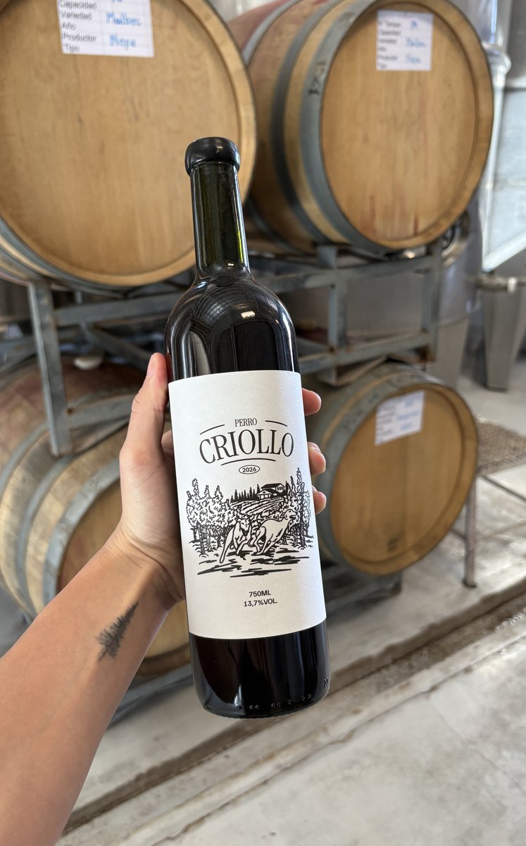 Botella de Perro Criollo Criolla en la bodega, entre las barricas